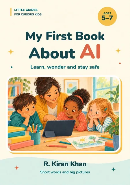 Cover of My First Book About AI: a teacher and three children gathered around a tablet showing chat bubbles, with the words Learn, wonder and stay safe