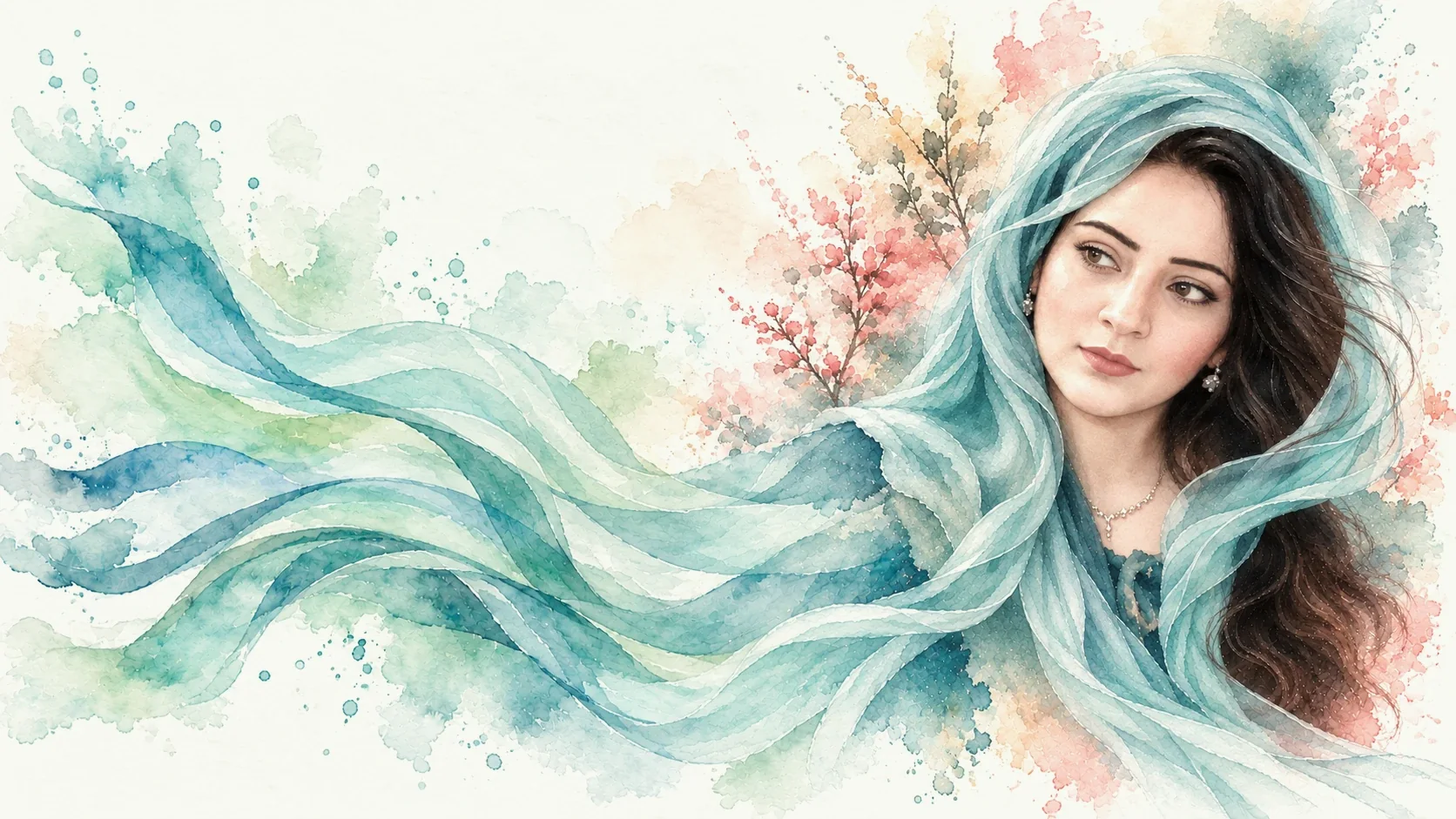 Watercolour portrait of R. Kirán, her teal scarf sweeping across the page