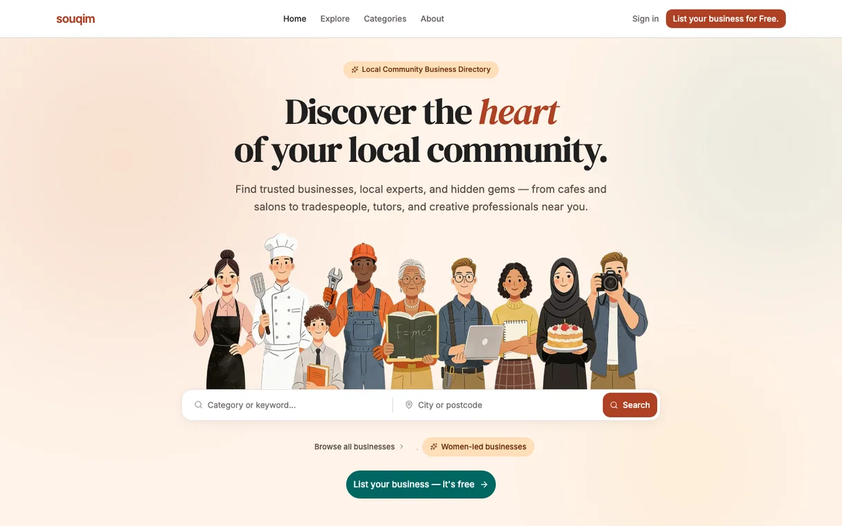Souqim home page: “Discover the heart of your local community” above illustrated local business owners and a search bar
