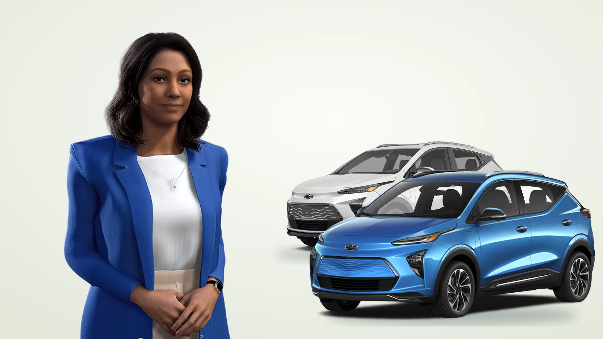 EVE, Chevrolet’s digital-human ambassador, between the Bolt EV and Bolt EUV
