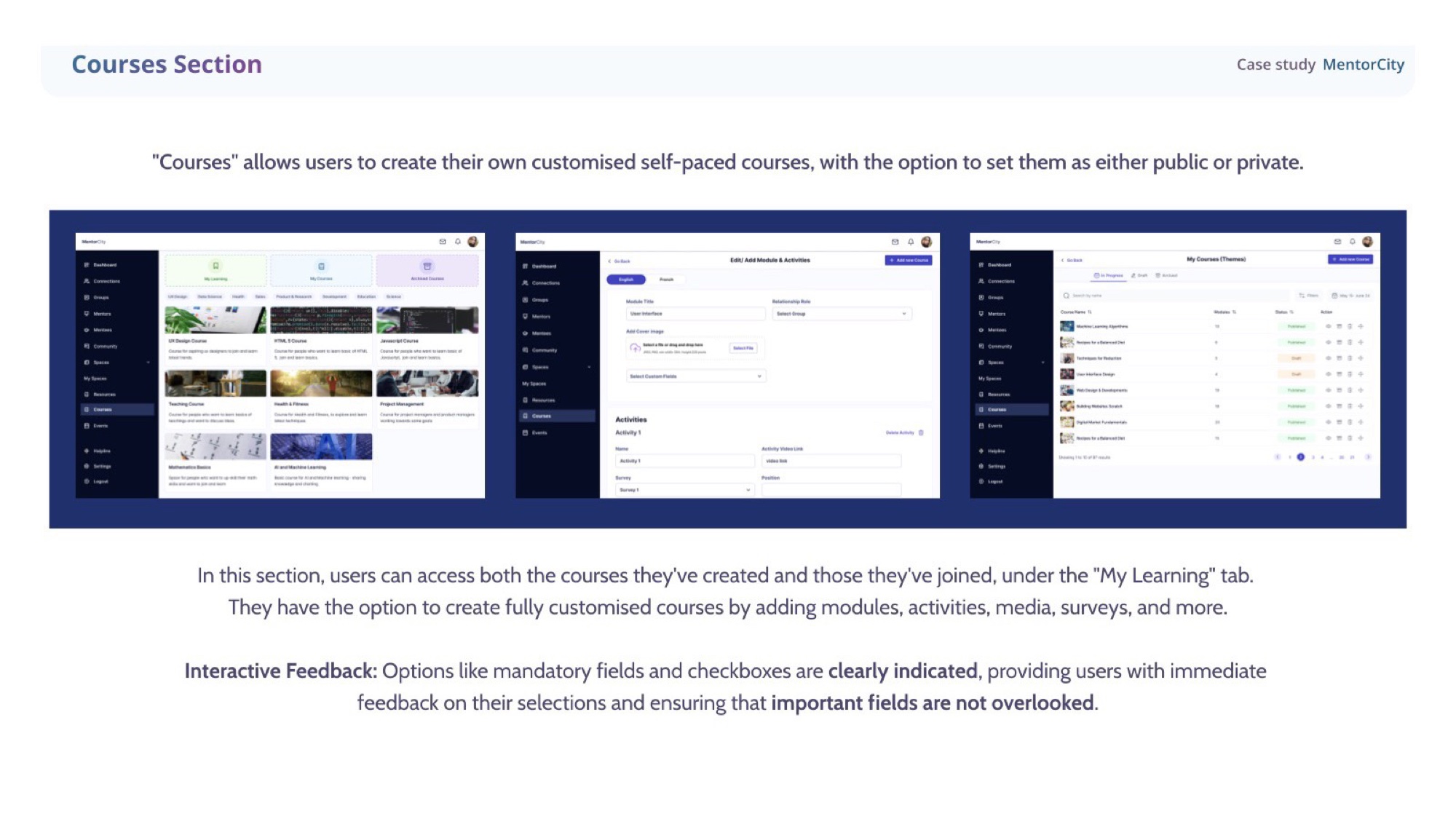 Courses authoring in MentorCity — customise modules, activities, media and surveys.