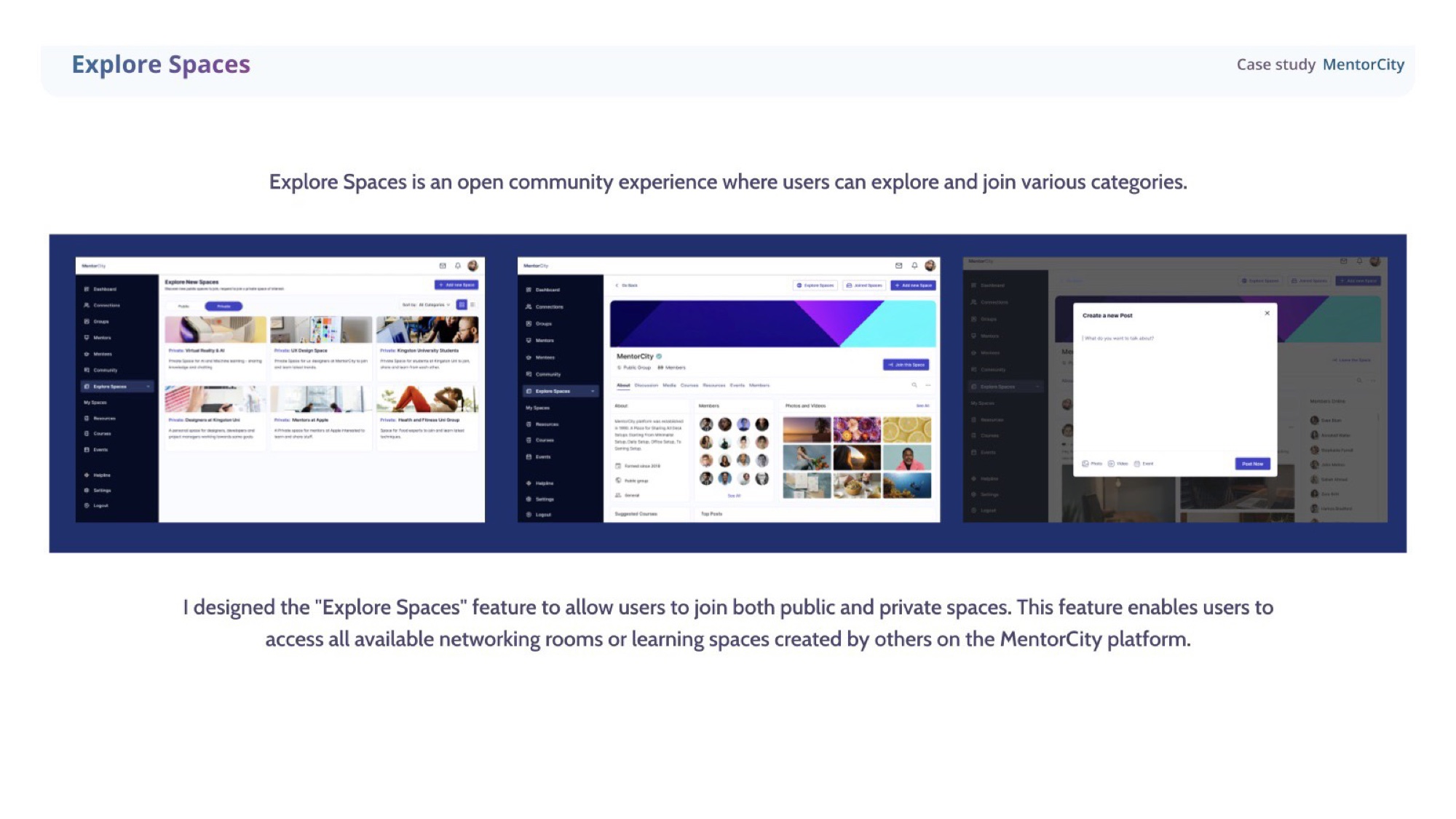 MentorCity Explore Spaces — browse public and private spaces across multiple categories.