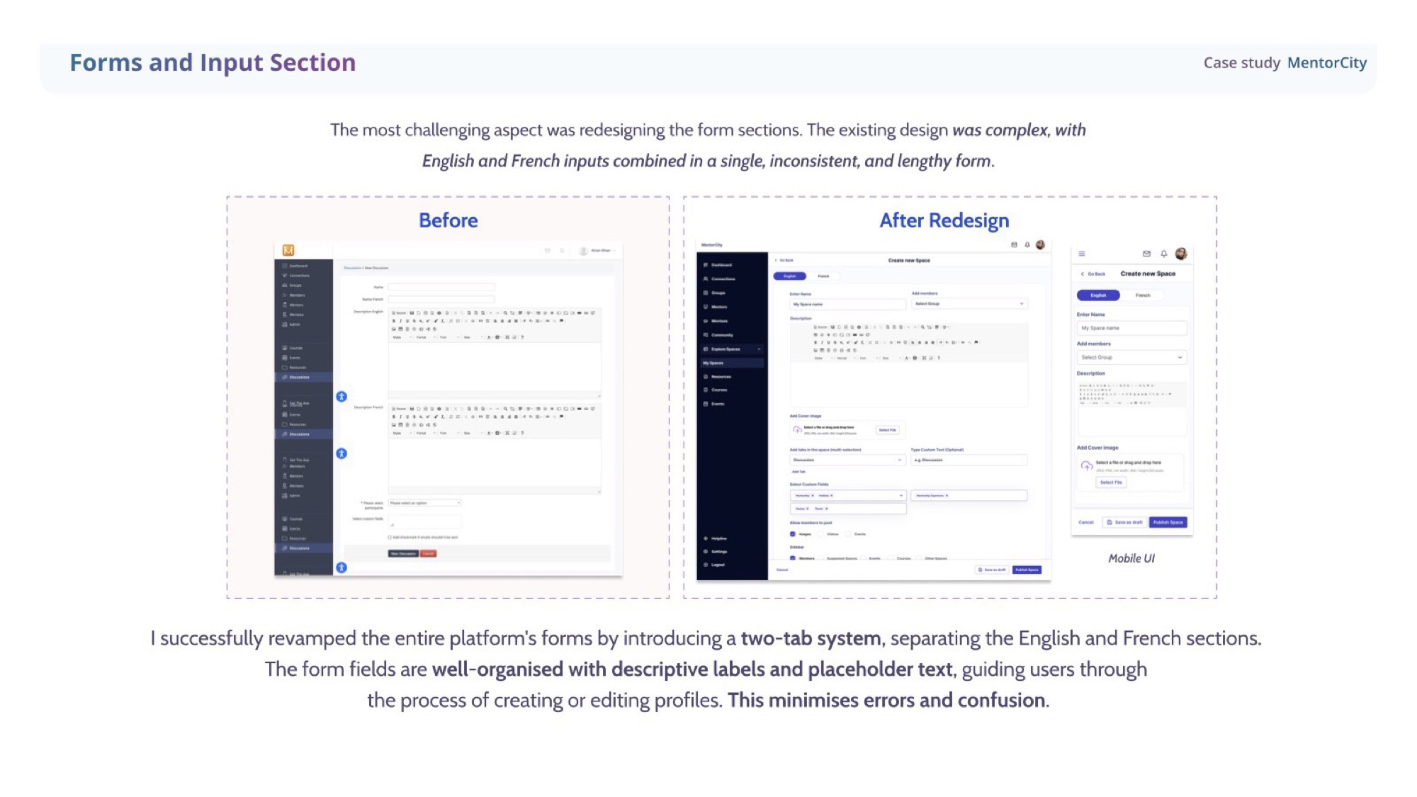 Forms before and after redesign — splitting English and French into a two-tab structure for clarity.