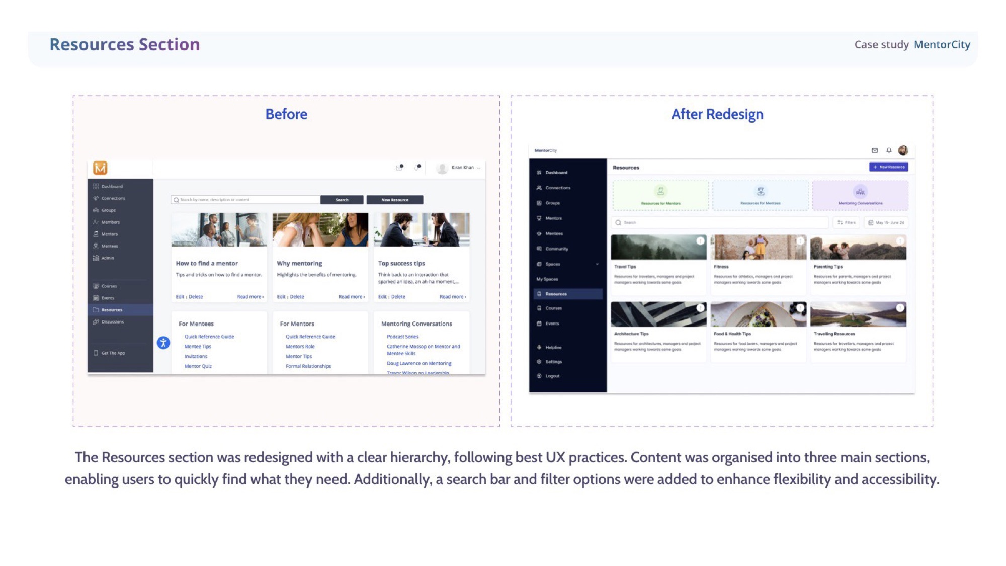 Resources section redesign in MentorCity — three-section hierarchy, search and filters.
