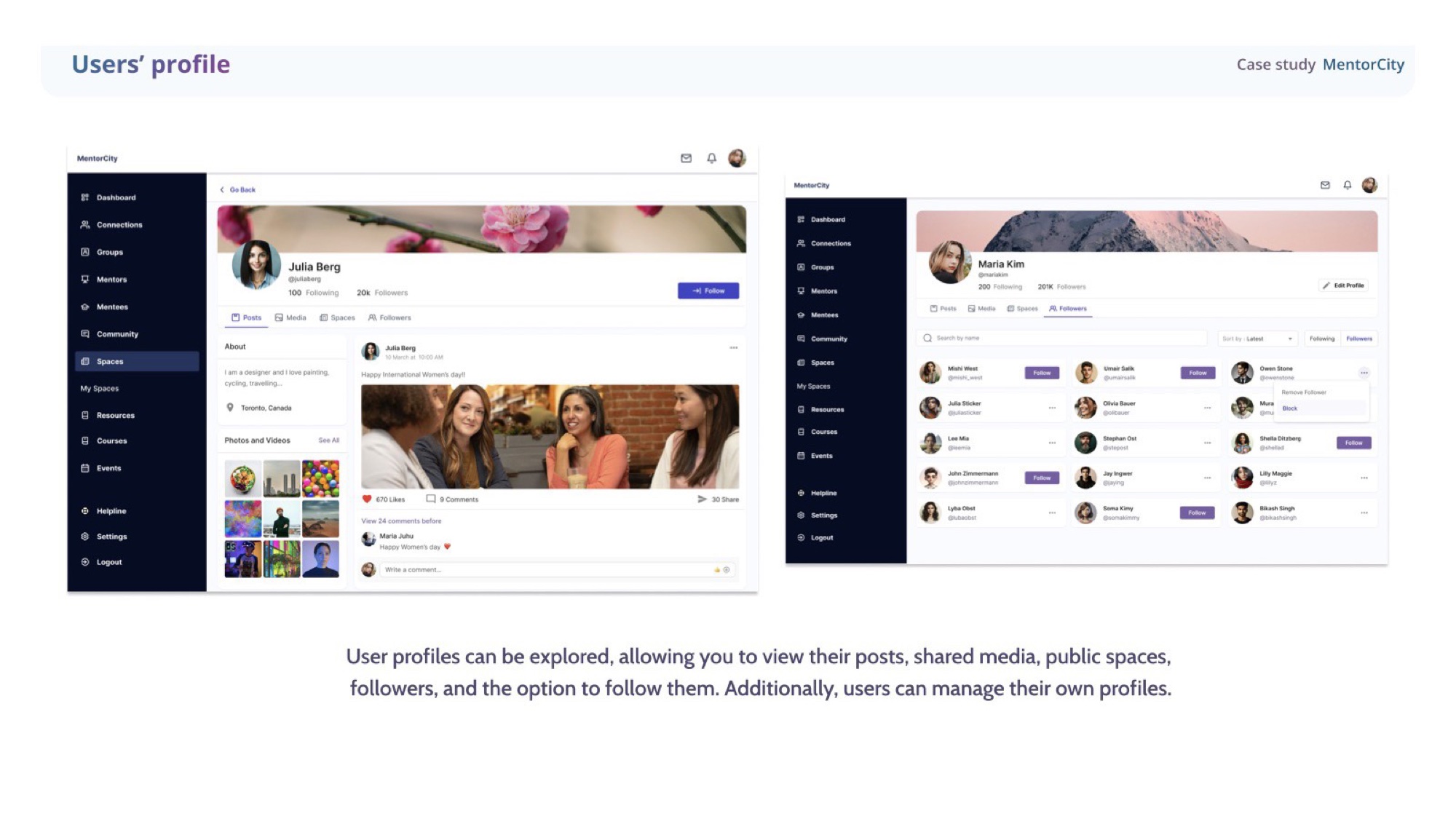 User profile in MentorCity — posts, shared media, public spaces and followers.