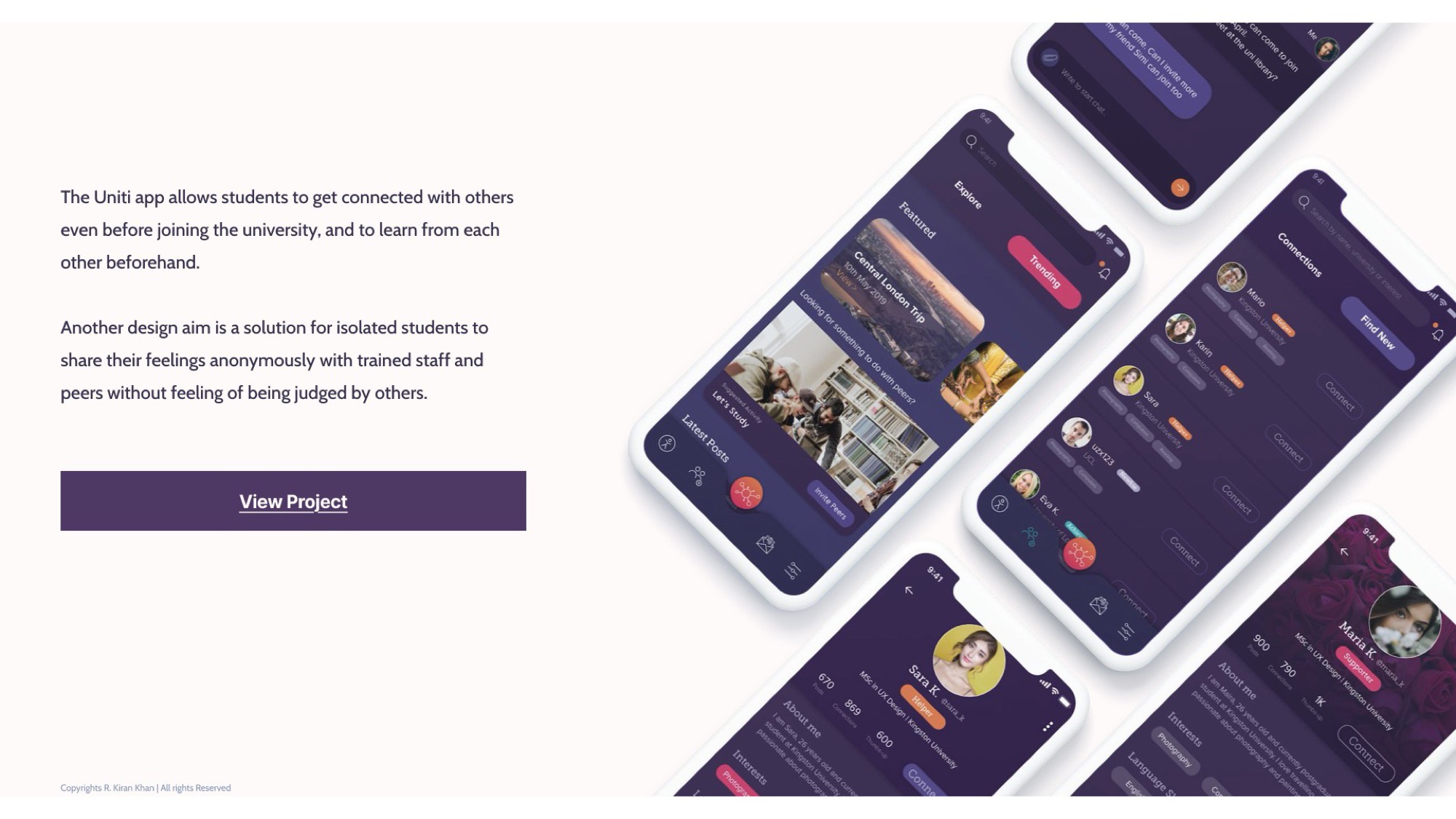 Uniti aims slide — pre-university connection and anonymous sharing with trained staff and peers, illustrated against an array of purple-led mobile UI screens.