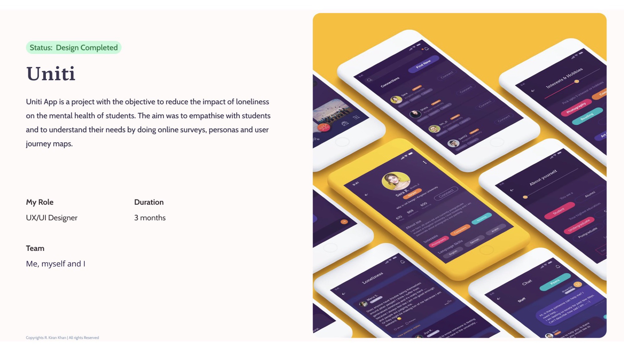 Uniti overview slide — Status: Design completed. Project intro alongside a stack of purple-led mobile screens on a yellow background.